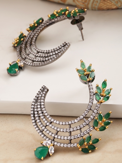 

Melani Borsa Green & Gunmetal-Toned Gold-Plated Handcrafted AD Stone-Studded Drop Earrings