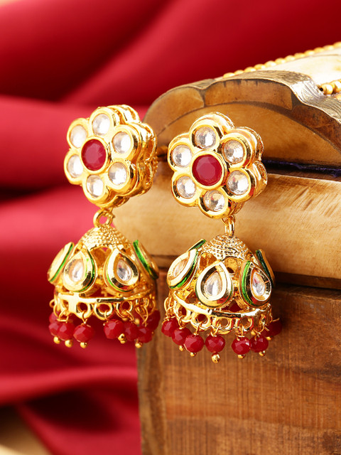 

Melani Borsa Maroon Gold-Plated Handcrafted Kundan Studded Beaded Jhumkas