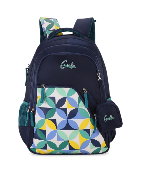 

Genie Kids Navy Blue Printed 17 Inches Medium Backpack with Pouch