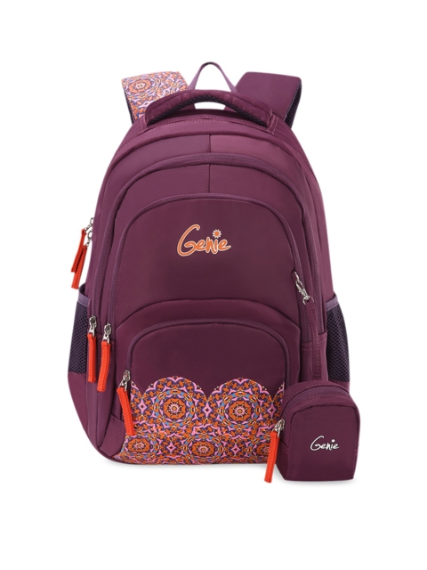 

Genie Satin Burgundy Printed 18 inches Large Backpack with Pouch