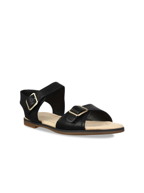 

Clarks Women Black Solid Leather Open Toe Flats
