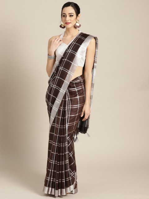 

Rajesh Silk Mills Coffee Brown & Silver Silk Cotton Checked Saree