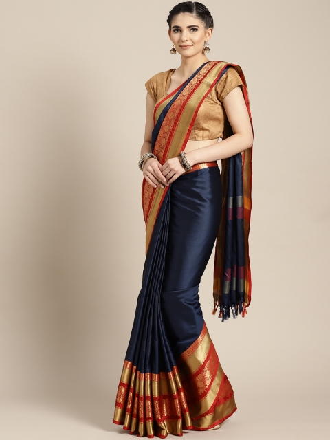 

Rajesh Silk Mills Navy Blue & Golden Solid Saree