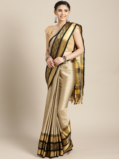 

Rajesh Silk Mills Beige & Black Solid Silk Blend Saree