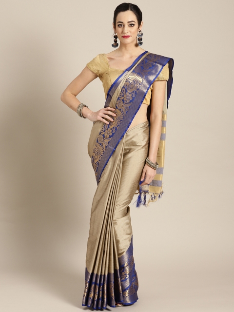 

Rajesh Silk Mills Beige & Blue Solid Silk Blend Saree