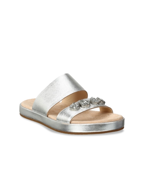 

Clarks Women Silver-Toned Solid Leather Open Toe Flats