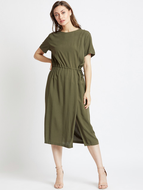 

COVER STORY Women Olive Green Solid Blouson Dress