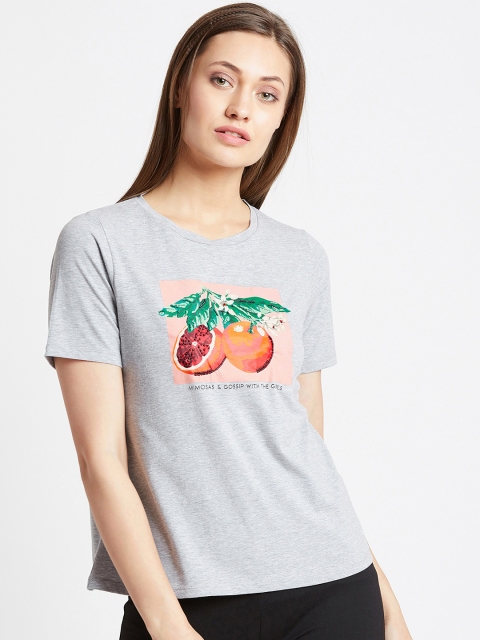 

COVER STORY Women Grey Printed Round Neck T-shirt