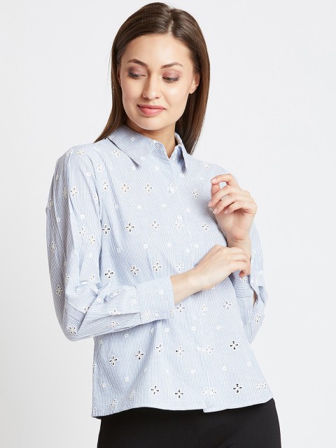 

COVER STORY Women Blue Striped Schiffli Shirt Style Top