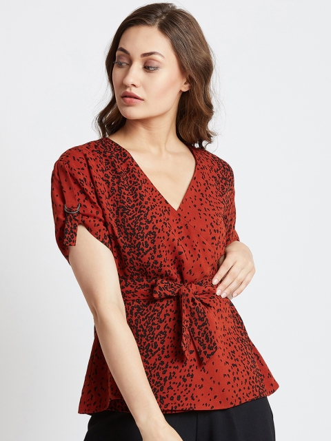 

COVER STORY Women Orange & Black Animal Print Wrap Top