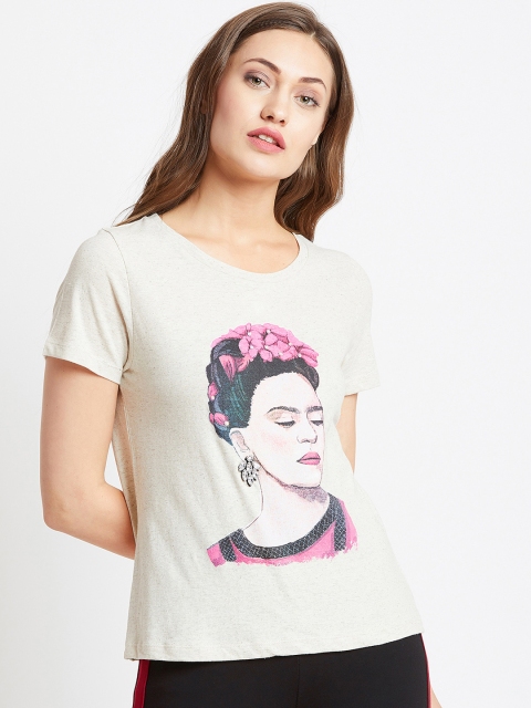 

COVER STORY Women Off-White Printed Round Neck T-shirt
