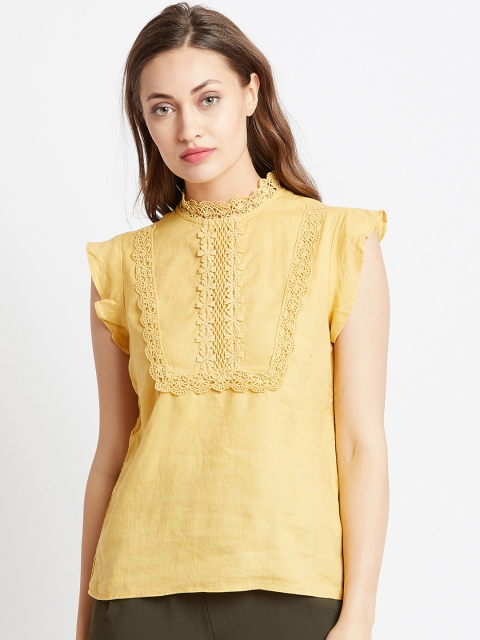 

COVER STORY Women Mustard Yellow Self Design Top