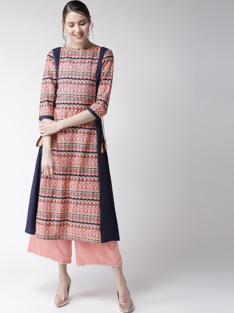 

WISSTLER Women Peach-Coloured & Navy Blue Printed A-Line Kurta