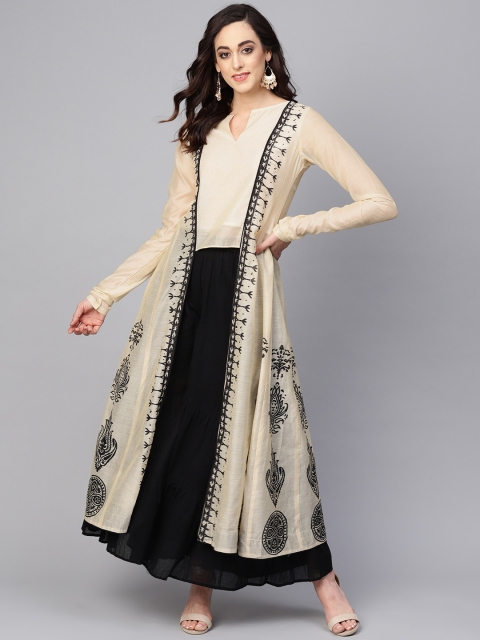 

Pannkh Women Beige & Black Printed A-Line Kurta