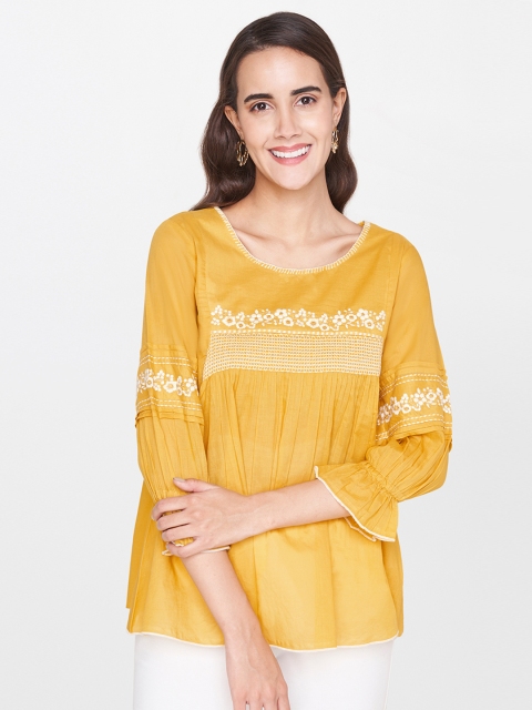 

Global Desi Women Mustard Yellow Solid A-Line Top