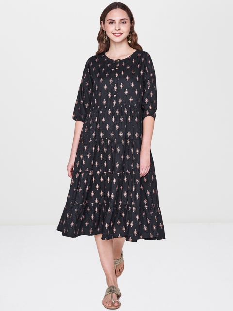 

Global Desi Women Black Printed A-Line Dress