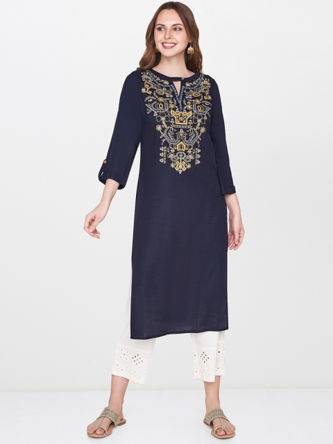 

Global Desi Women Navy Blue Embroidered Straight Kurta