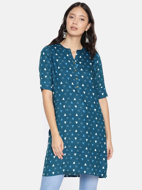 

Global Desi Women Teal Blue & White Printed Kurta