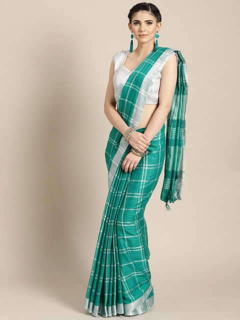 

Rajesh Silk Mills Turquoise Green & Silver Checked Saree