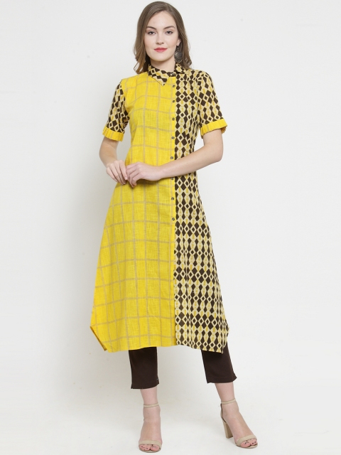 

Indibelle Women Yellow & Brown Printed Asymmetric Hemline A-Line Kurta