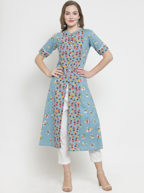 

Indibelle Women Blue & Yellow Printed A-Line Kurta