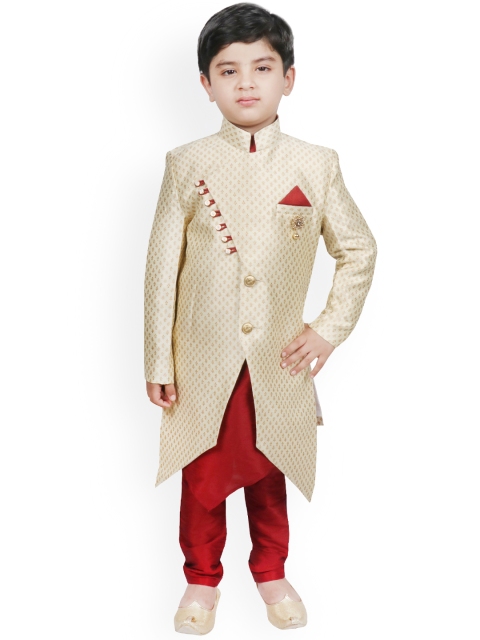 

SG YUVRAJ Boys Off-White & Maroon Embroidered Layered Kurta with Pyjamas