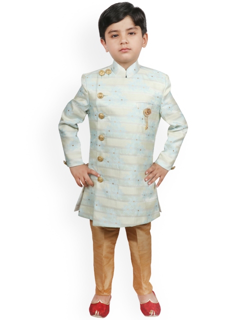 

SG YUVRAJ Boys Turquoise Blue & Brown Woven Design Silk Sherwani Set