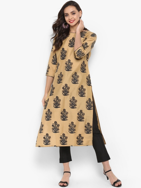 

Janasya Women Beige & Black Printed Art Silk Kurta with Trousers