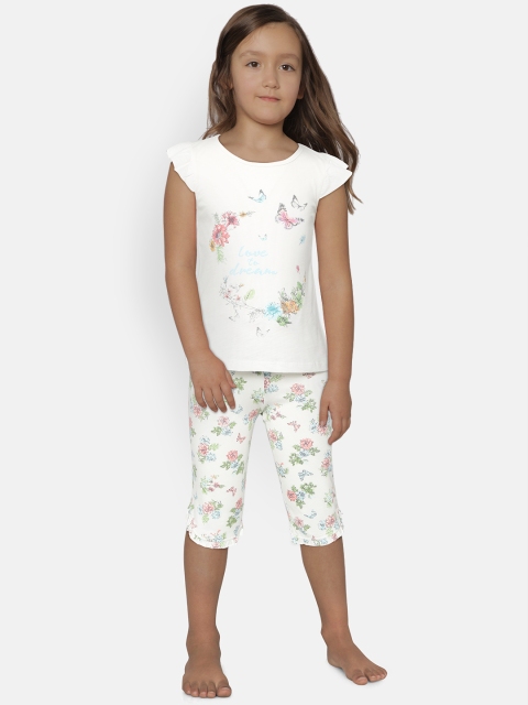 

LC Waikiki Girls White & Green Printed Top with Capris