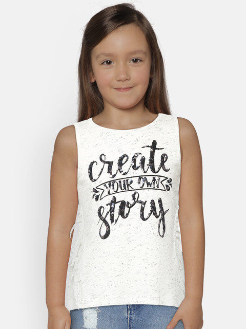 

LC Waikiki Girls Off-White & Black Printed A-Line Top with Fringes