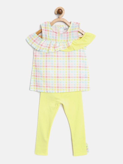 

LC Waikiki Girls Yellow & Pink Checked Top with Solid Leggings