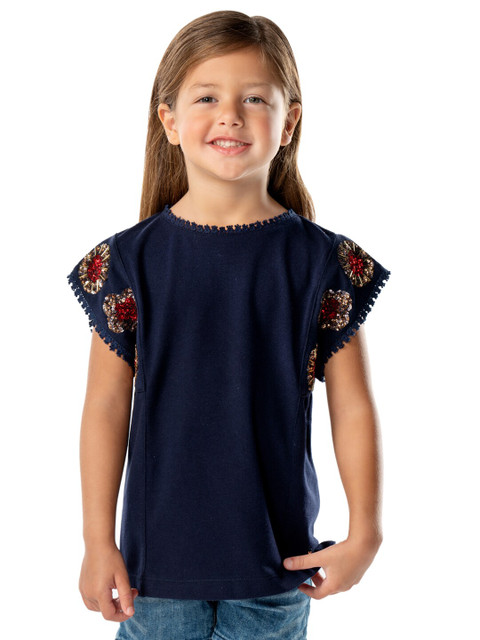 

Cherry Crumble Girls Navy Blue Embellished Pure Cotton Top