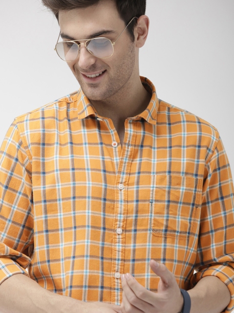 

Mast & Harbour Men Mustard Yellow & Navy Blue Checked Casual Shirt