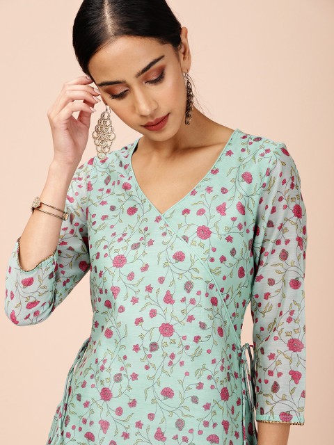 

all about you Women Sea Green & Pink Printed Angrakha Kurta with Palazzos