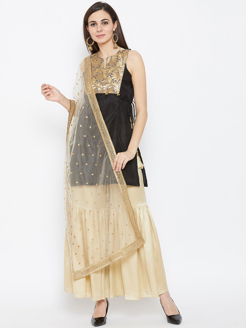 

studio rasa Women Black & Printed Kurta with Sharara & Dupatta