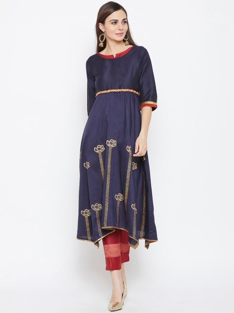 

studio rasa Women Navy Blue Embroidered Asymmetric A-Line Kurta