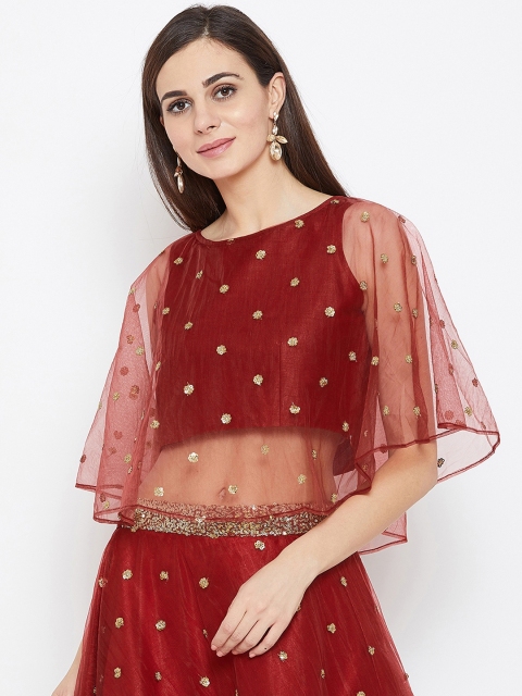 

studio rasa Women Net Sequins Embroidered Cape Top, Maroon