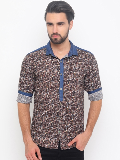 

WITH Men Brown & Blue Slim Fit Printed Casual Shirt