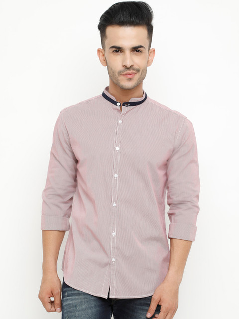 

WITH Men Red & White Slim Fit Striped Casual Shirt