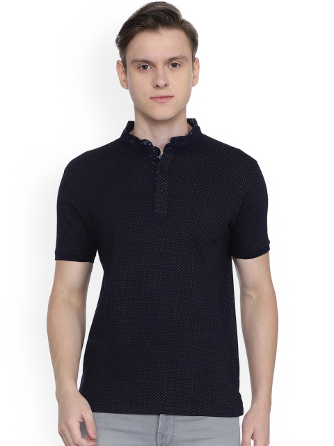 

V Dot Men Navy Blue Printed Mandarin Collar T-shirt