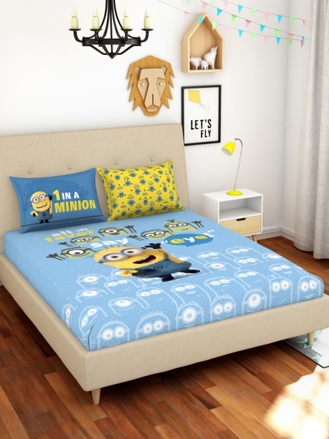 

SPACES Blue & Yellow Minions Printed 180 TC Cotton 1 Queen Bedsheet with 2 Pillow Covers