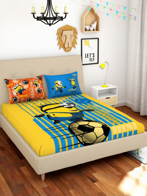 

SPACES Yellow & Blue Minions Printed 180 TC Cotton 1 Queen Bedsheet with 2 Pillow Covers