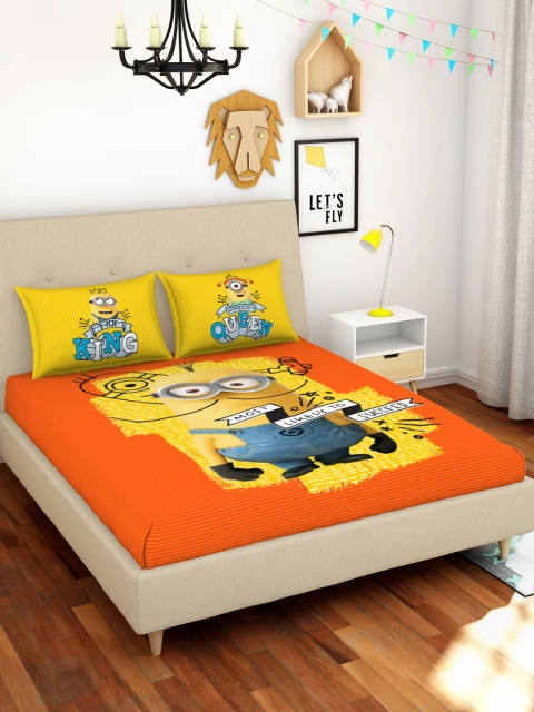 

SPACES Orange Cartoon Characters 180 TC Cotton Queen Bedsheet with 2 Pillow Covers