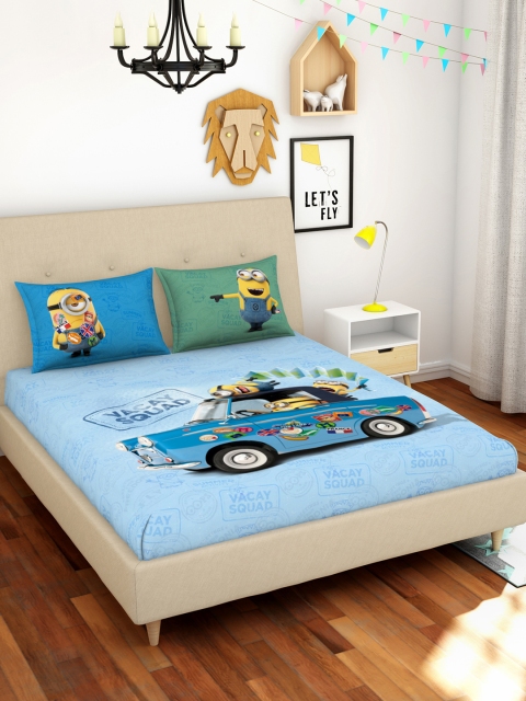 

SPACES Blue Minions Printed 180 TC Cotton 1 Queen Bedsheet with 2 Pillow Covers