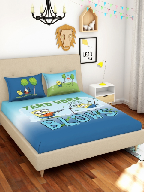 

SPACES Blue & Green Cartoon Characters 180 TC Cotton 1 Queen Bedsheet with 2 Pillow Covers