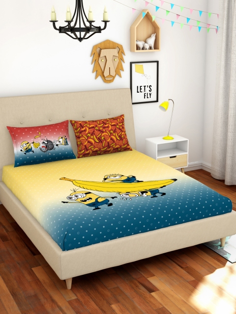

SPACES Yellow & Blue Cartoon Characters 180 TC Cotton 1 Queen Bedsheet with 2 Pillow Covers