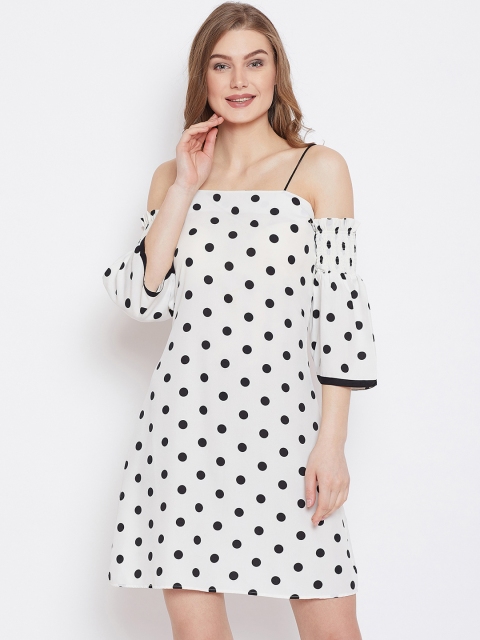 

PANIT Women White & Black Polka Dots Printed A-Line Dress