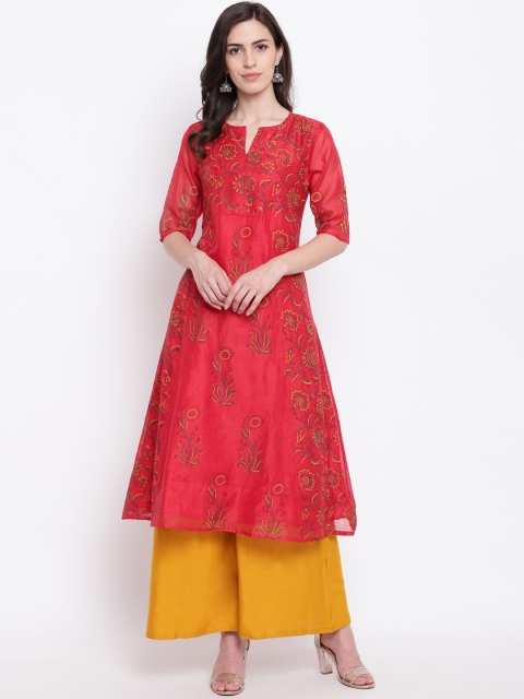 

Shakumbhari Women Red Handblock Print A-Line Kurta