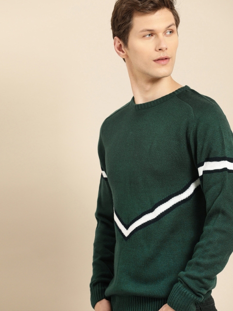 

ether Men Teal Green & White Self Design Sweater