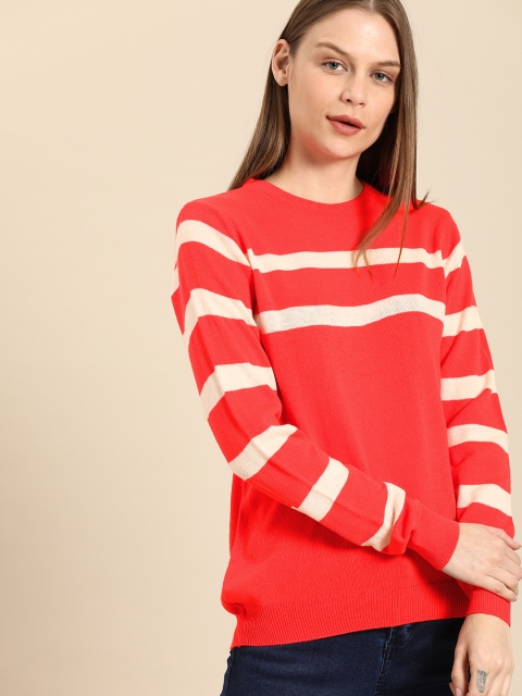 

ether Women Coral Pink & White Striped Pullover Sweater